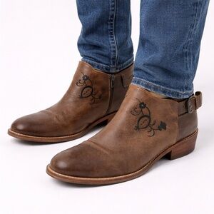 Musse & Cloud Brown Leather Western Ankle Boots Black Embroidery Men’s US 10